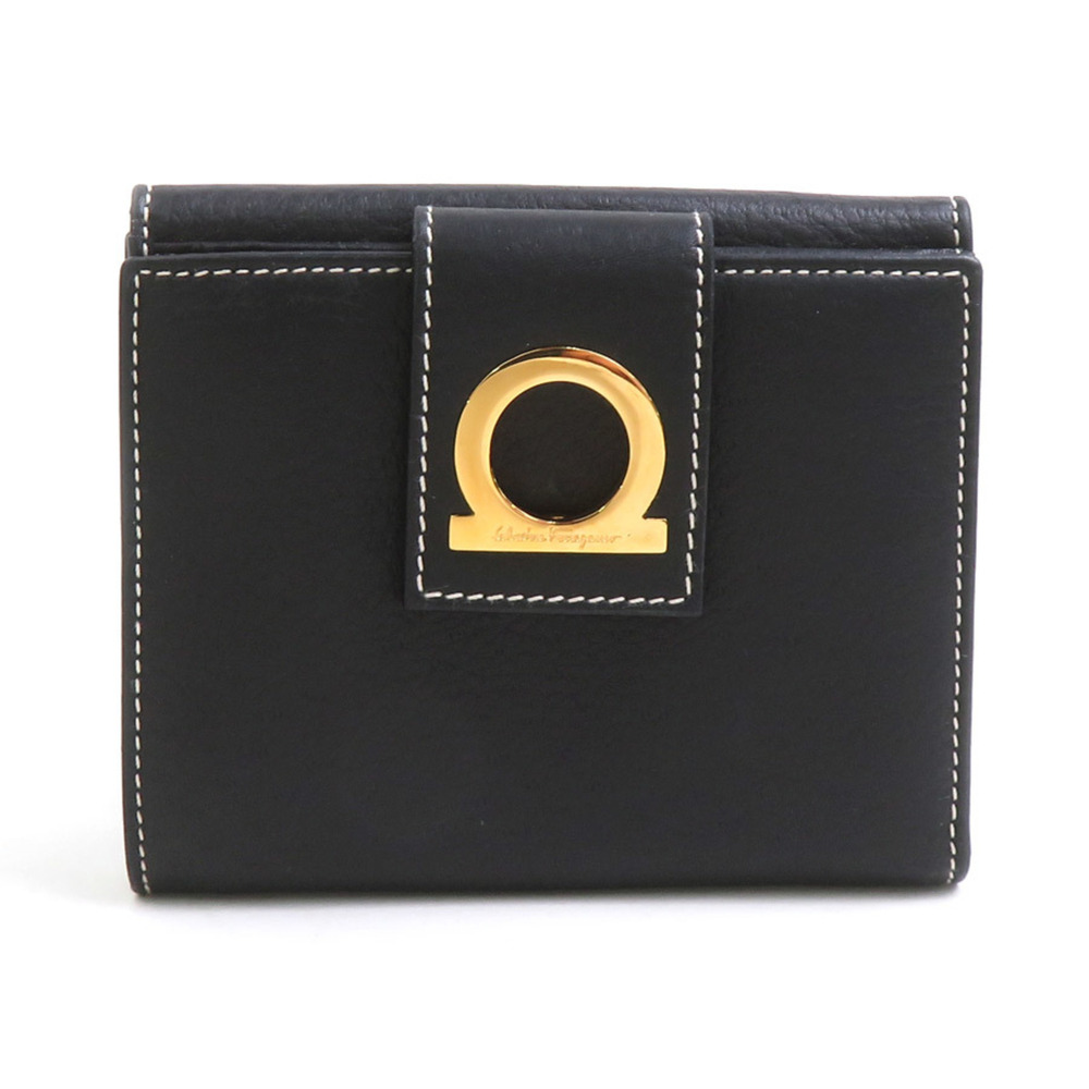 Salvatore Ferragamo bi-fold wallet, Gancini leather, black and gold, women's,...